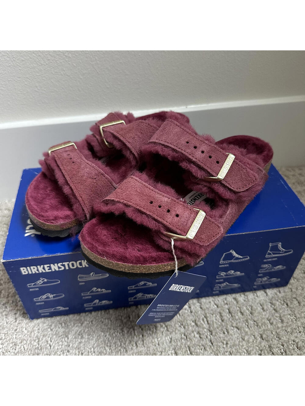 Birkenstock Arizona Shearling Suede Slide Sandal Maroon Red NIB Size 5-5.5/36EU - Picture 2 of 6